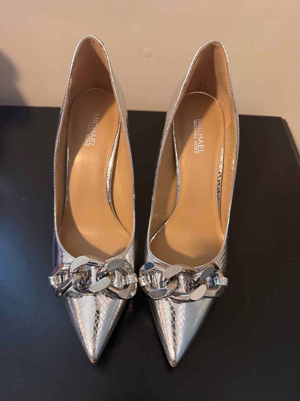 Michael Kors Metallic Silver Pointed Toe Chain Pumps
